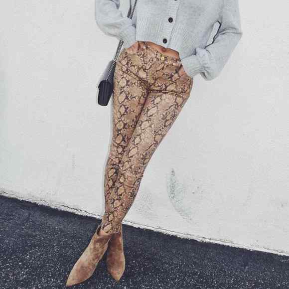 FRAME Le High Coated Snakeskin Python Print Skinny Crop Jeans Size 27 Tan - Picture 3 of 10